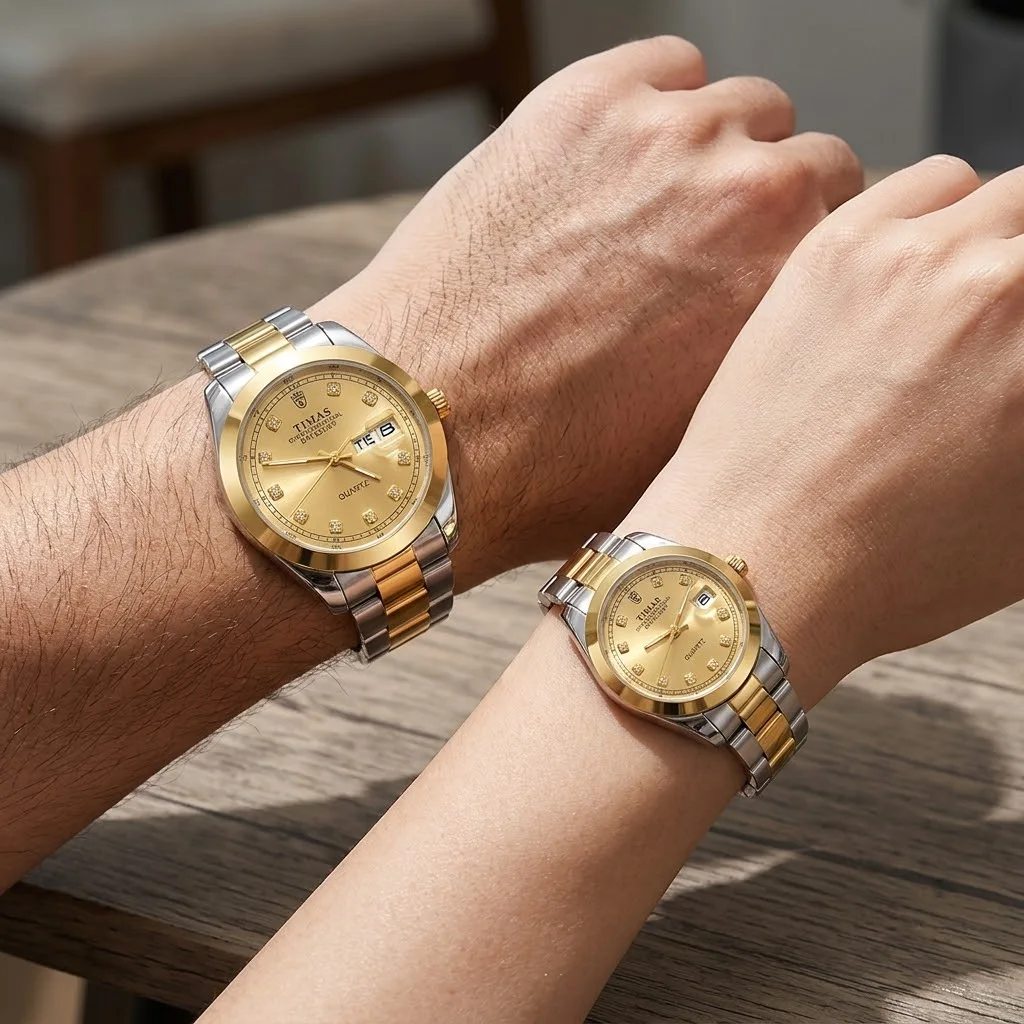 TIMAS Crystal Index Quartz Couple Watch Set with Calendar Display