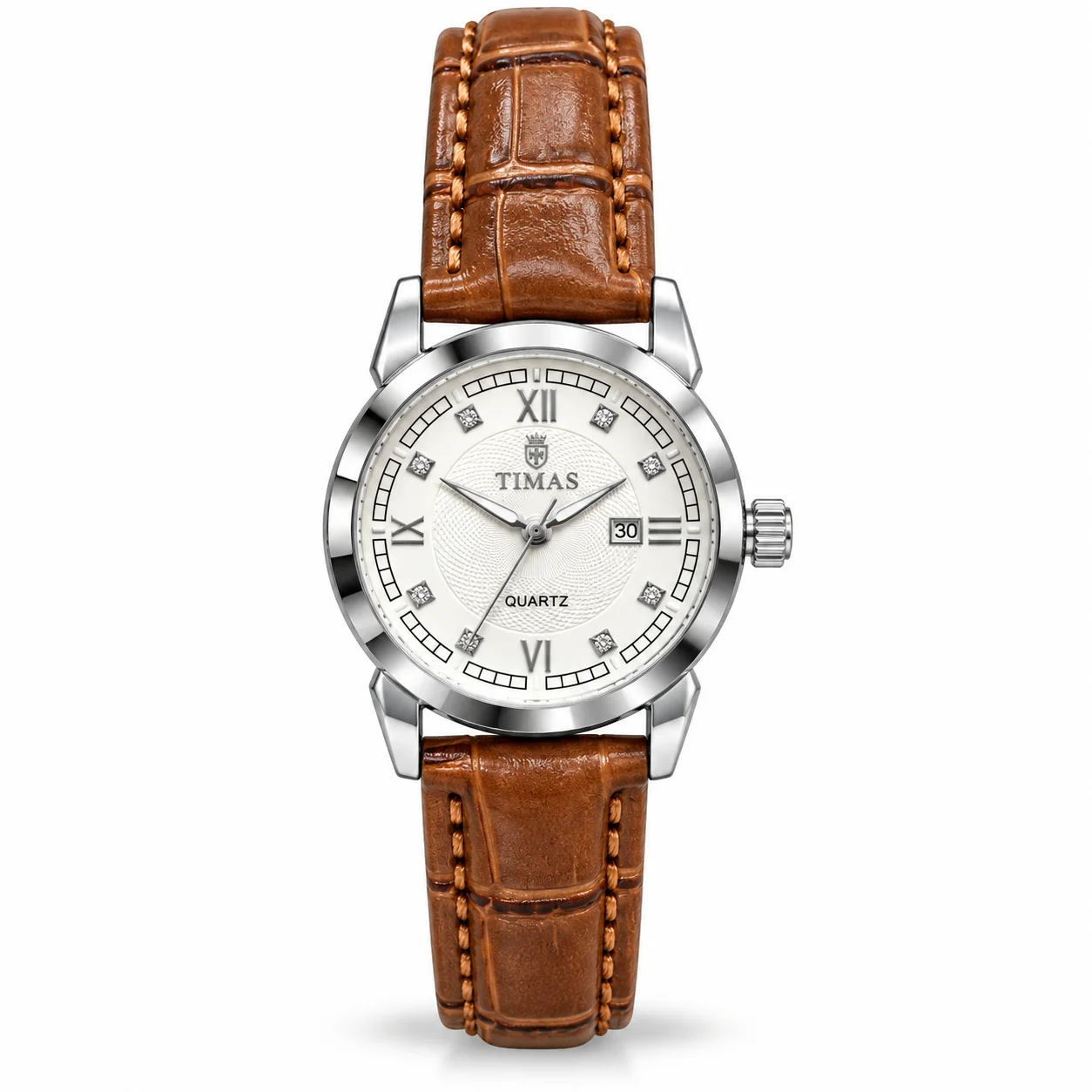 TIMAS Elegant Ladies Quartz Watch with Textured Dial and Leather Strap