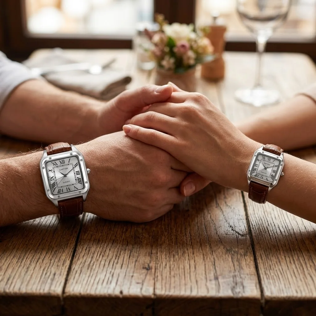 Square Screw Bezel Leather Strap Couple Quartz Watch